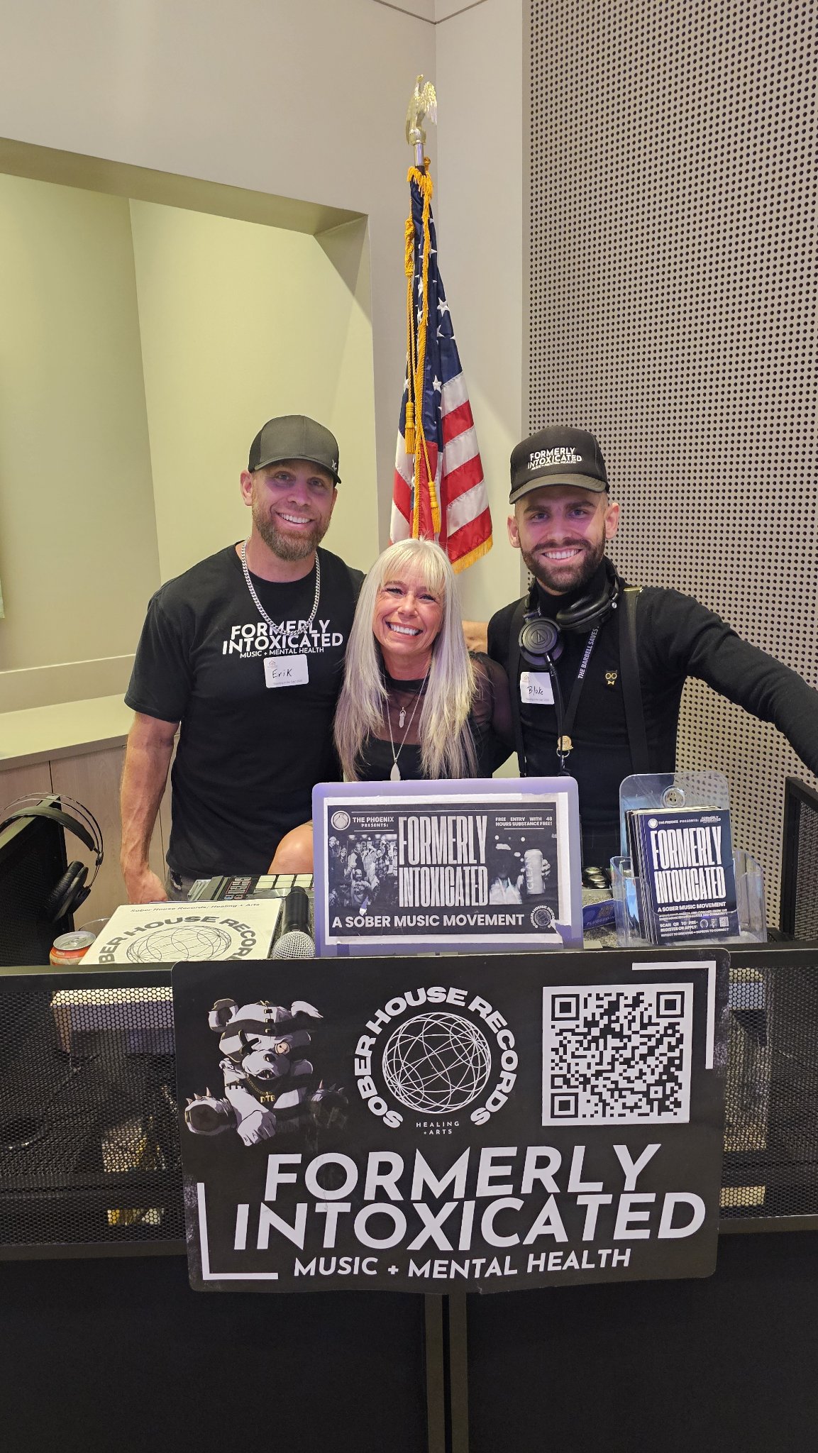 Angel Prater with the Sober House Records crew at their Formerly Intoxicated — Music + Mental Health booth