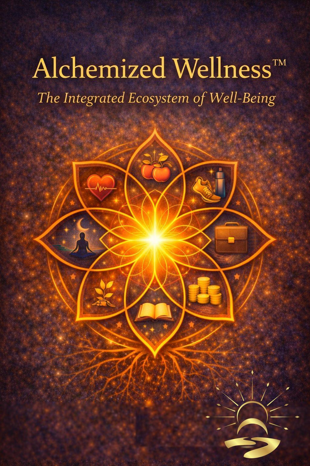 Alchemized Wellness™ poster — The Integrated Ecosystem of Well-Being: a gold lotus whose petals hold the dimensions of well-being, signed with the Alchemize HOPE sun-and-path logo