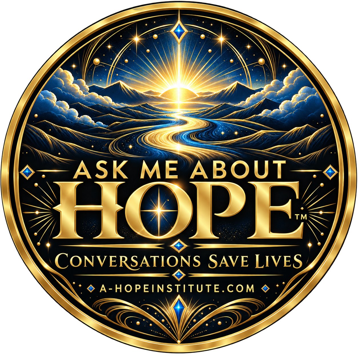 'Ask Me About HOPE™' sticker — a golden sunrise over a winding path; 'Conversations Save Lives'