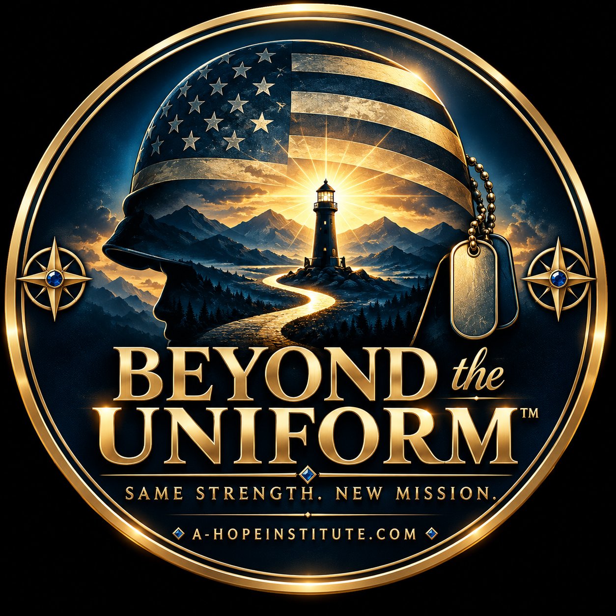 Beyond the Uniform™ emblem — a service member's helmet beneath the flag, a lighthouse, and a winding golden path: Same Strength. New Mission.