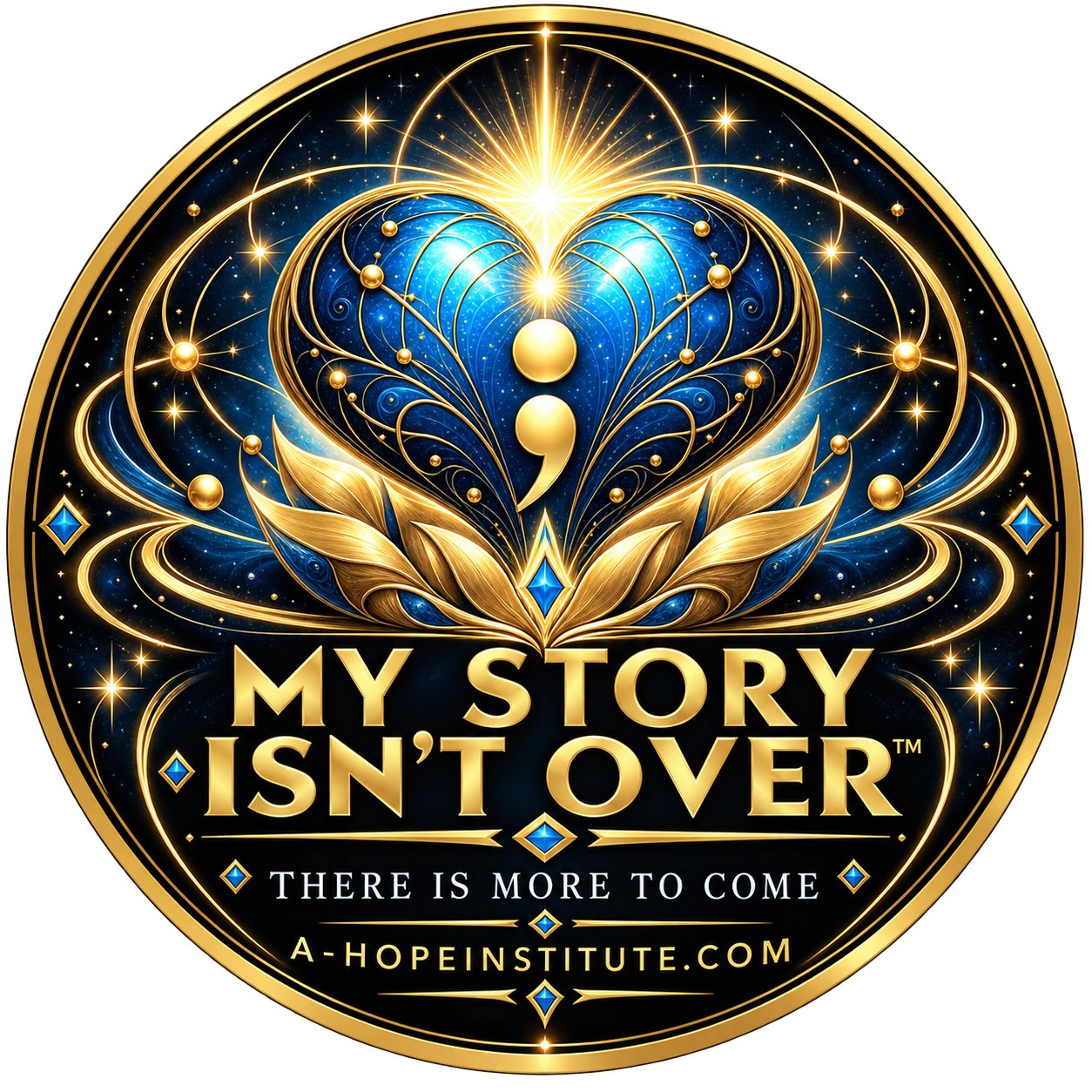 'My Story Isn't Over™' sticker — a semicolon heart rising from a golden lotus; 'There Is More to Come'