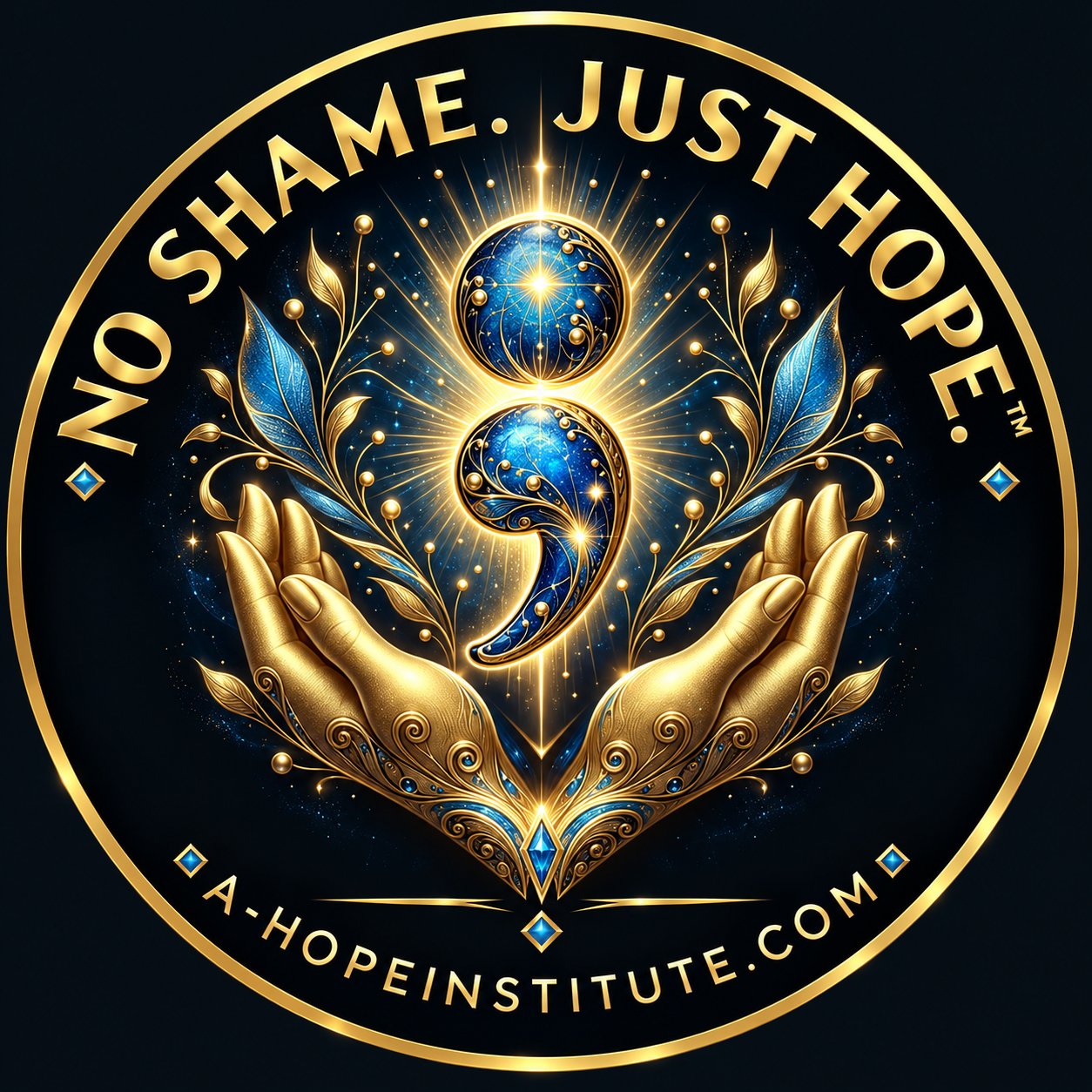 'No Shame. Just Hope.™' sticker — a glowing semicolon held in golden hands