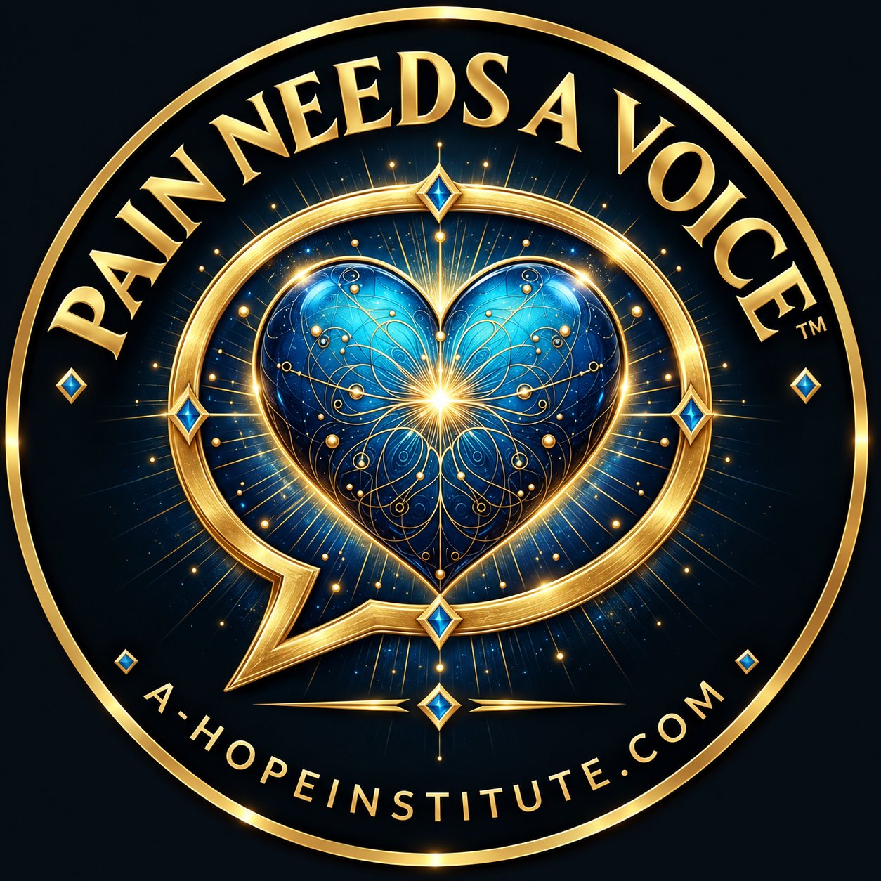 'Pain Needs a Voice™' S.L.O.P. medallion sticker — a radiant blue heart inside a gold speech bubble
