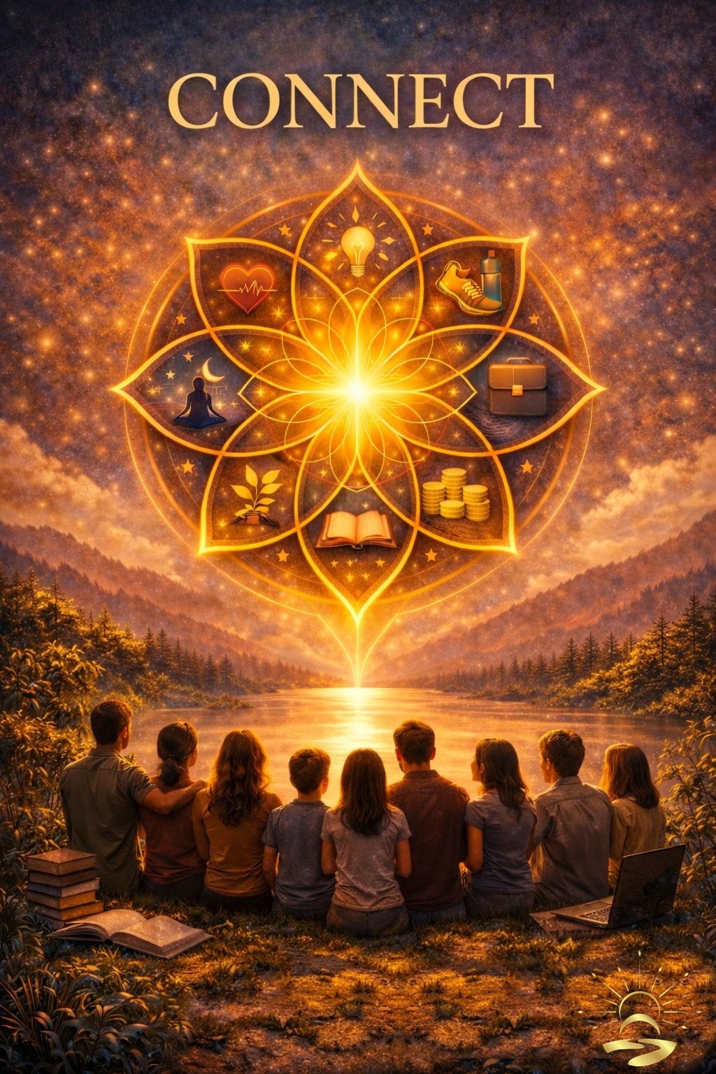 CONNECT pathway artwork — gold lotus over a lakeside gathering at sunset, Alchemize HOPE