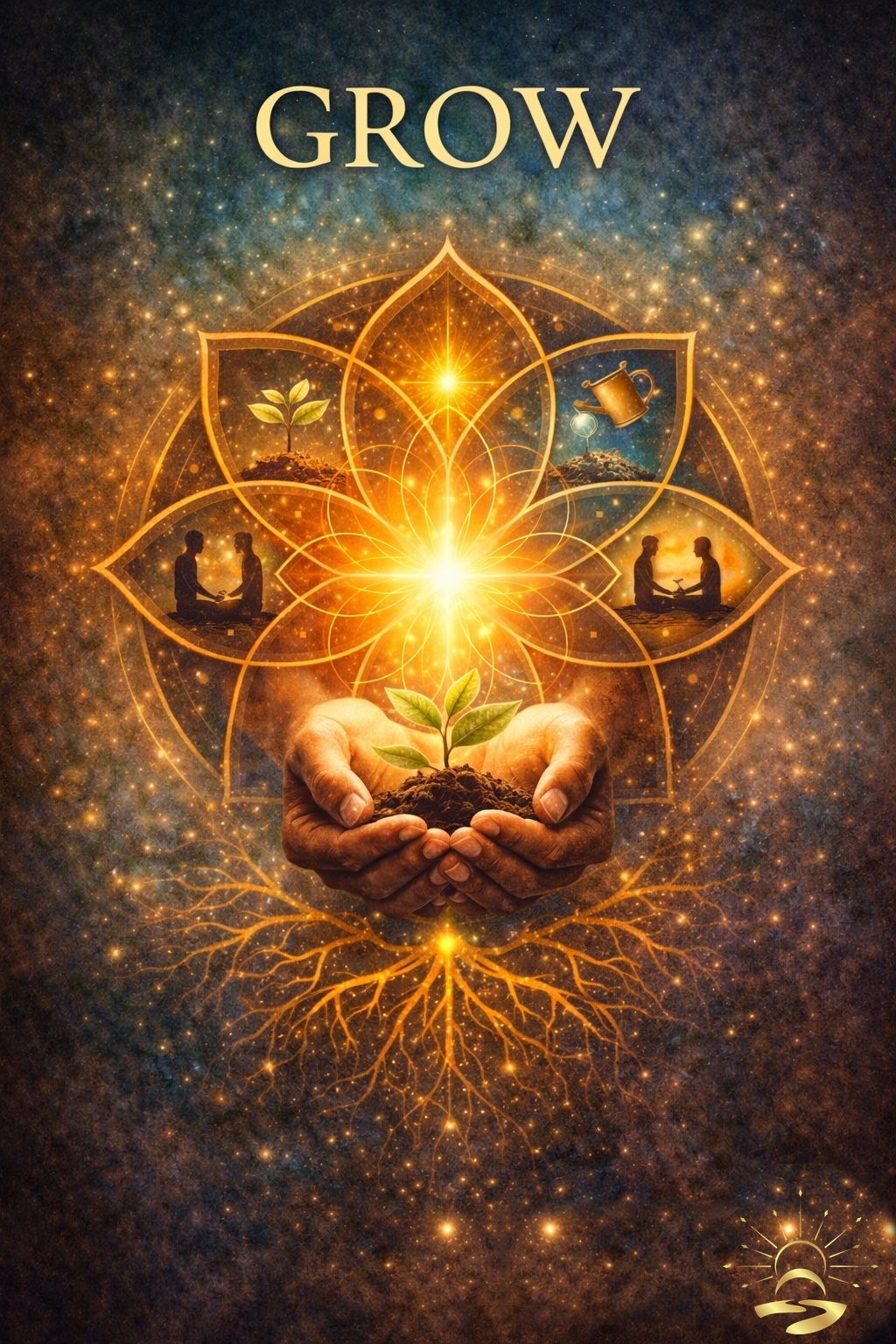 GROW pathway artwork — gold lotus above hands holding a seedling, Alchemize HOPE