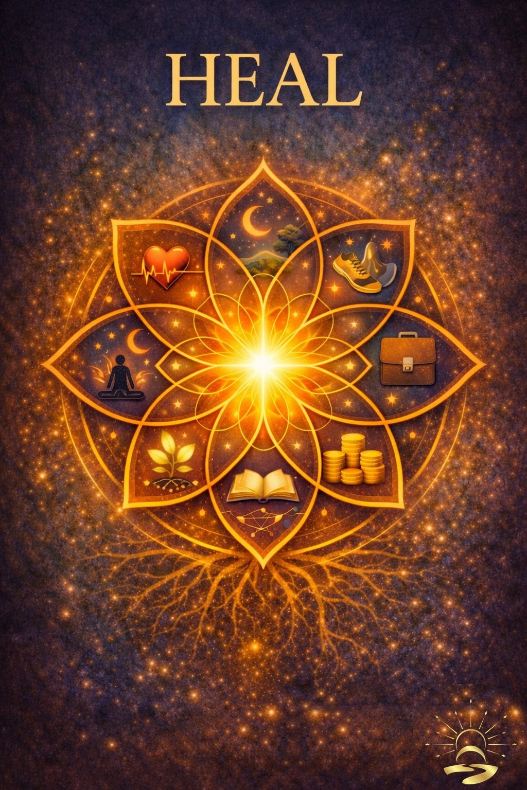 HEAL pathway artwork — gold lotus with roots reaching into starlight, Alchemize HOPE