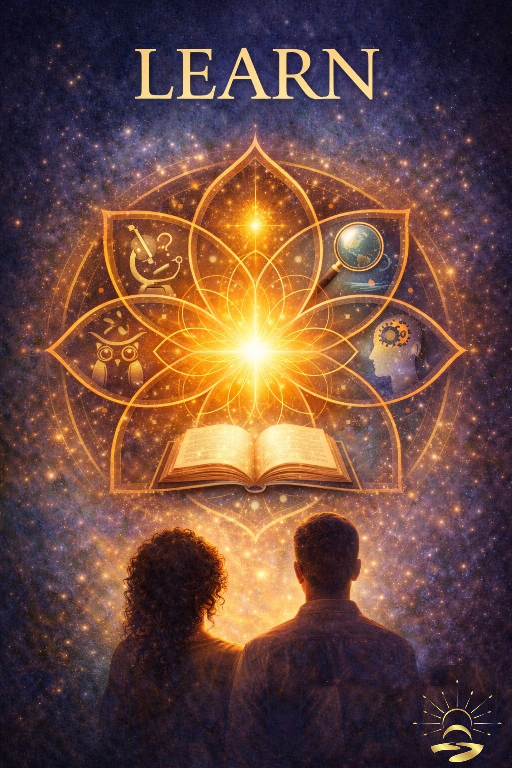 LEARN pathway artwork — gold lotus above an open book, Alchemize HOPE