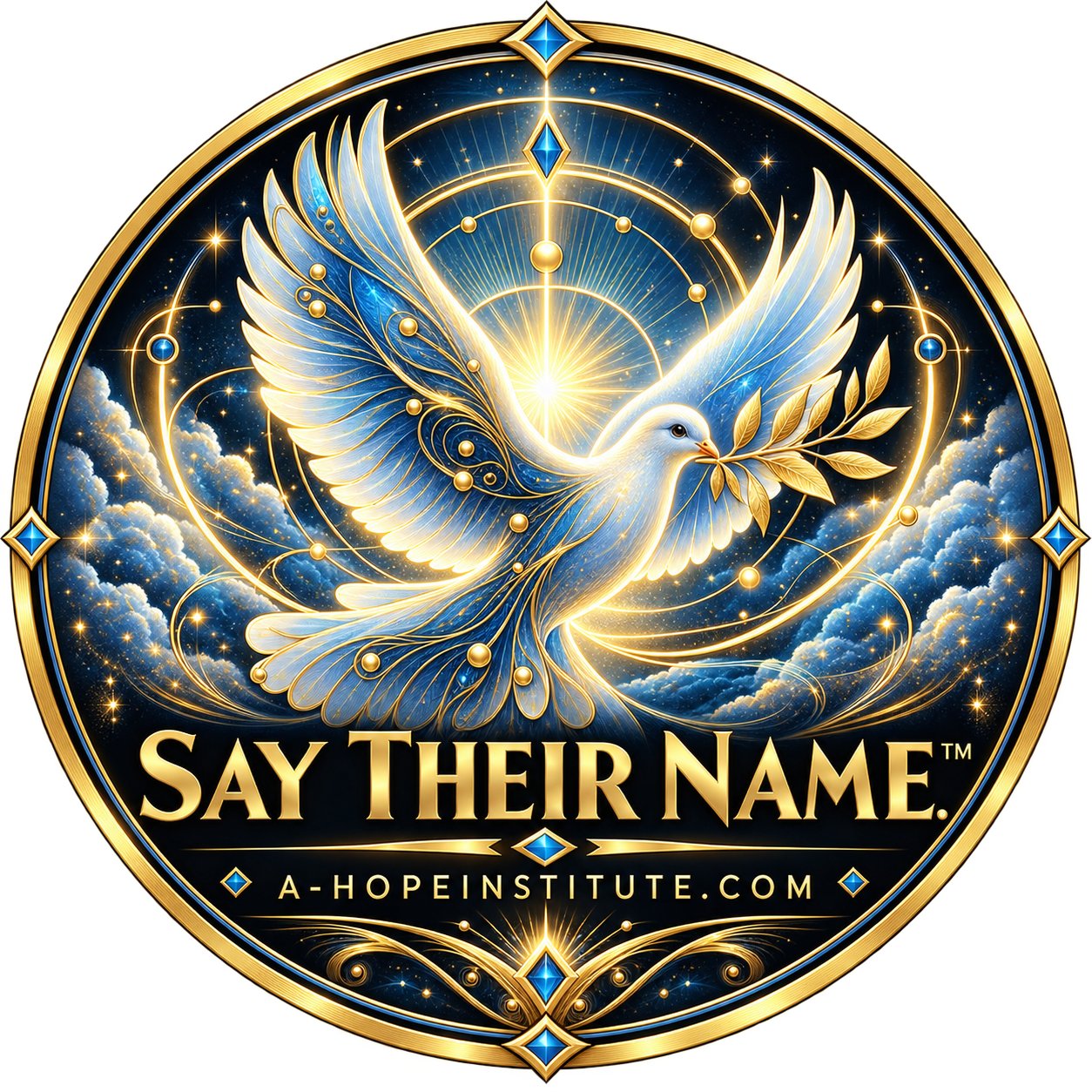 Say Their Name™ emblem — a white dove carrying a golden olive branch, rising over clouds within a gold and sapphire medallion