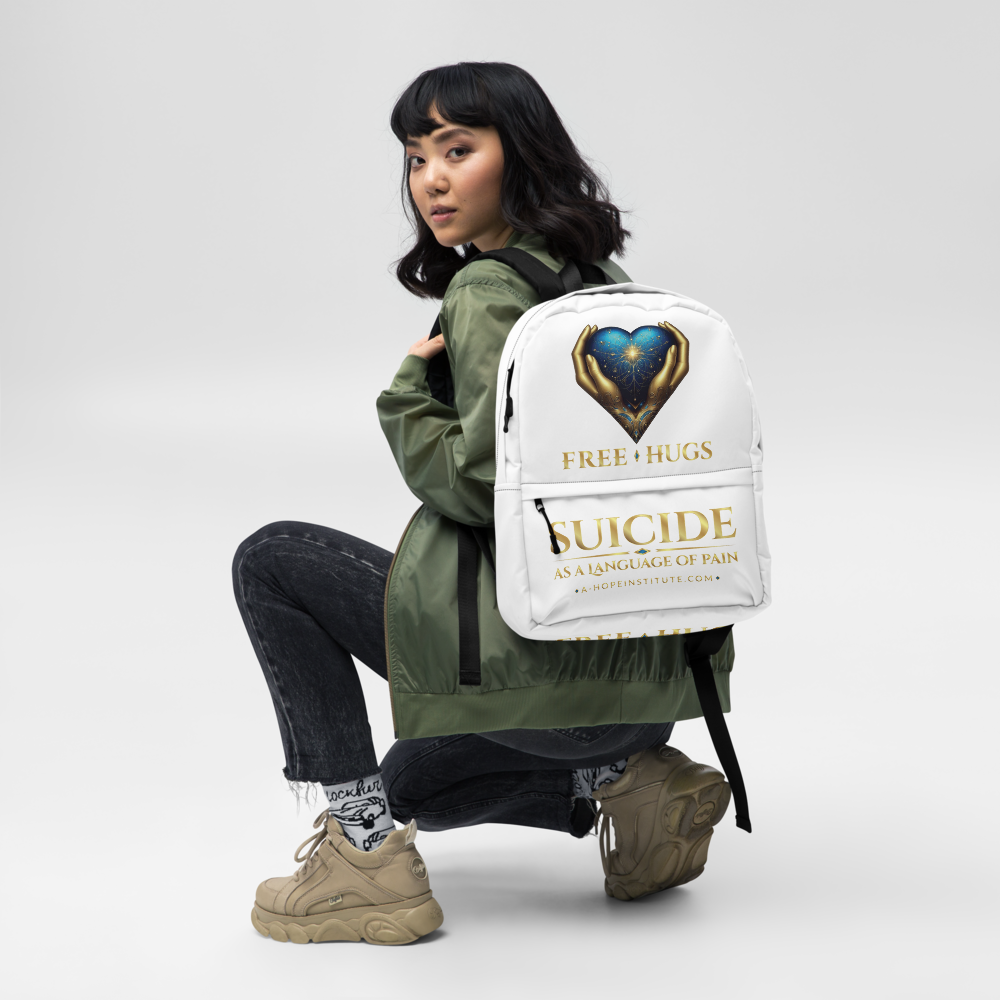 White backpack with the heart-and-hands emblem, FREE HUGS, and 'Suicide as a Language of Pain'