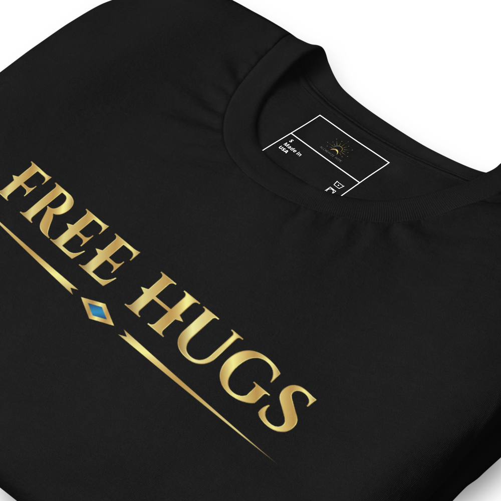 Close-up of a black FREE HUGS t-shirt with gold lettering