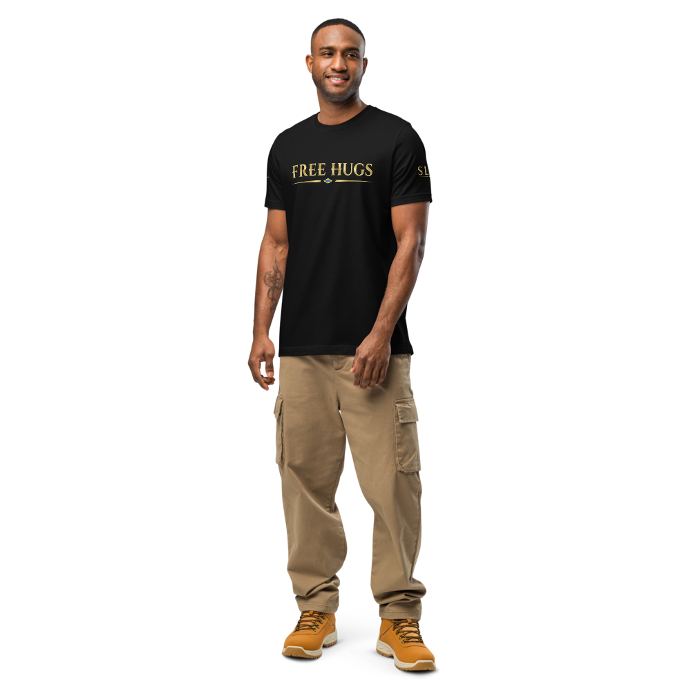 Man wearing the black FREE HUGS t-shirt, front view