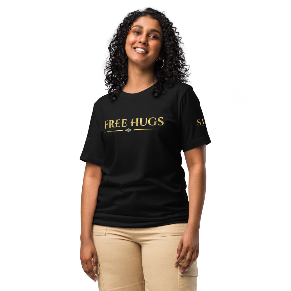 Woman wearing the black FREE HUGS t-shirt, front view