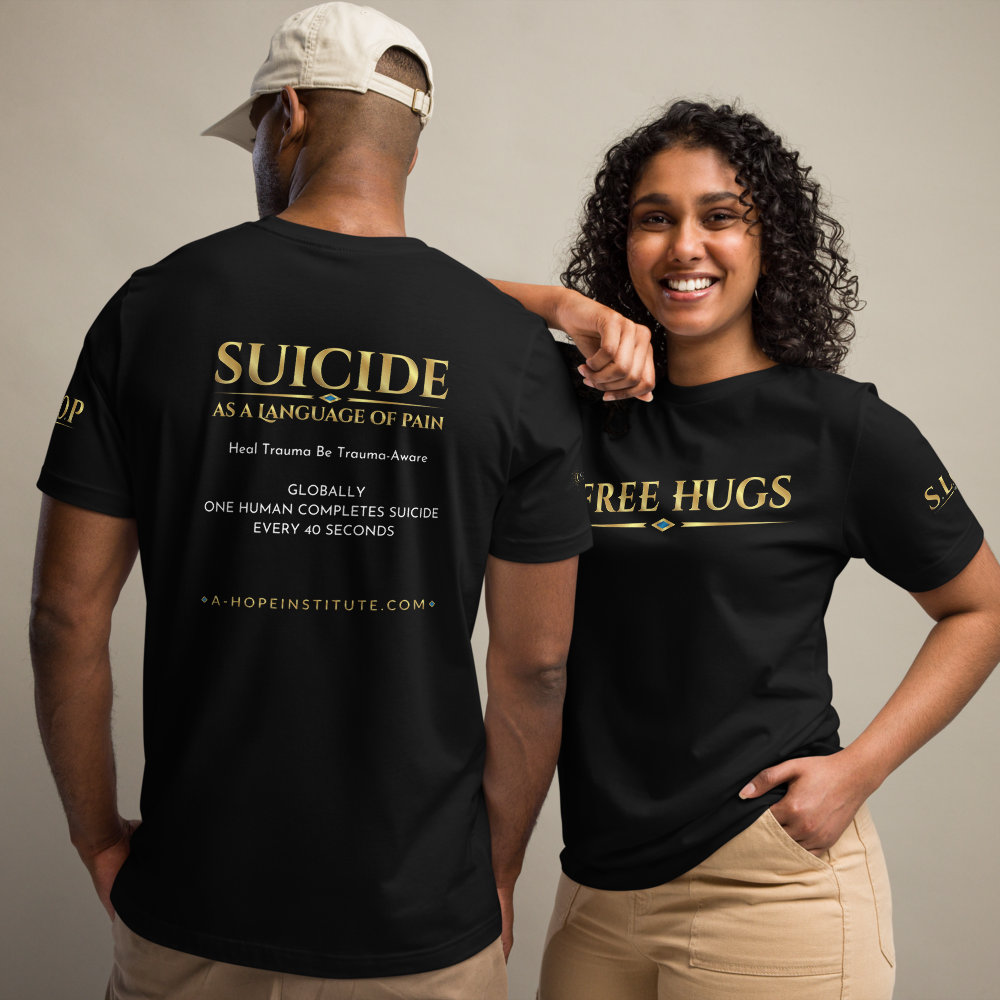 Two people together — his shirt shows the 'Suicide as a Language of Pain' back, hers shows the FREE HUGS front