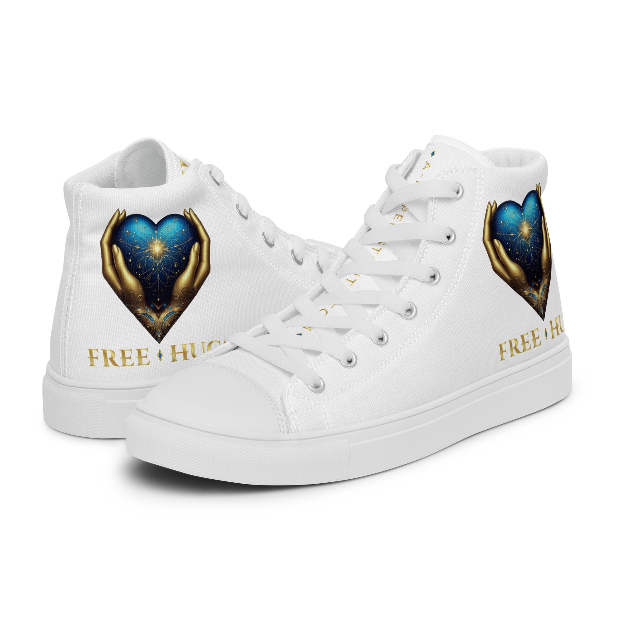 White FREE HUGS high-top canvas shoes with the heart-and-hands emblem