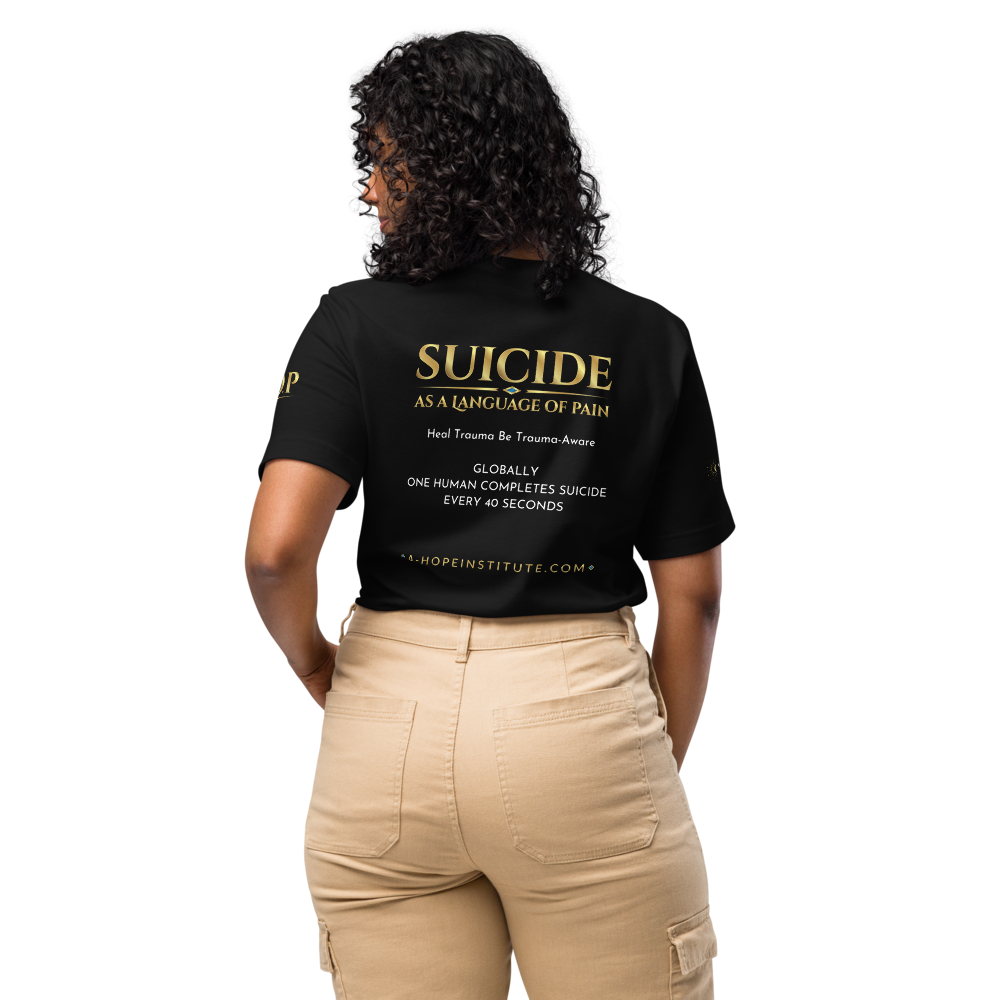 Woman wearing the 'Suicide as a Language of Pain' shirt back