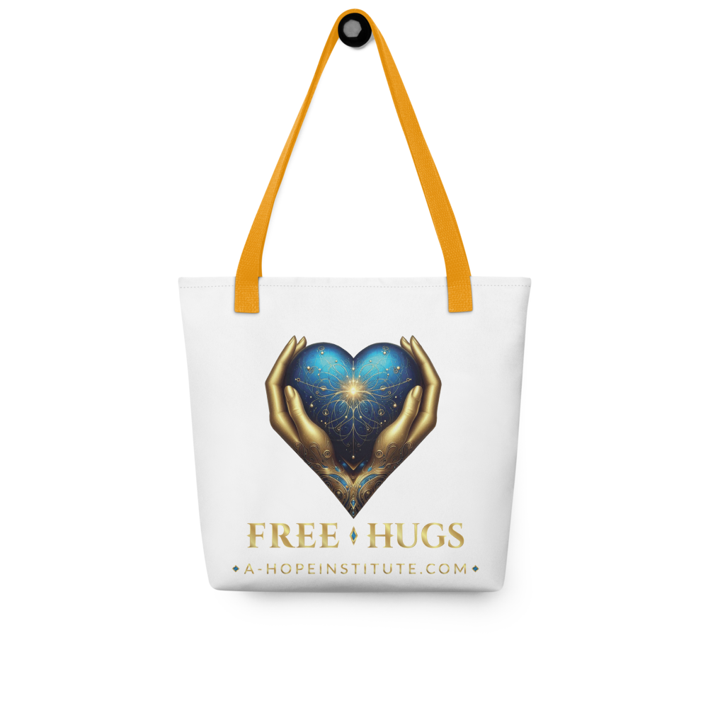White FREE HUGS tote bag with gold handles and the heart-and-hands emblem