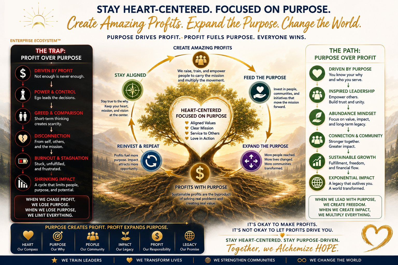 Graphic: 'Stay Heart-Centered. Focused on Purpose.' The trap of profit over purpose set against the path of purpose over profit, around a heart-centered tree of life — create amazing profits, expand the purpose, change the world. Signed Alchemize HOPE, Enterprise Ecosystem™