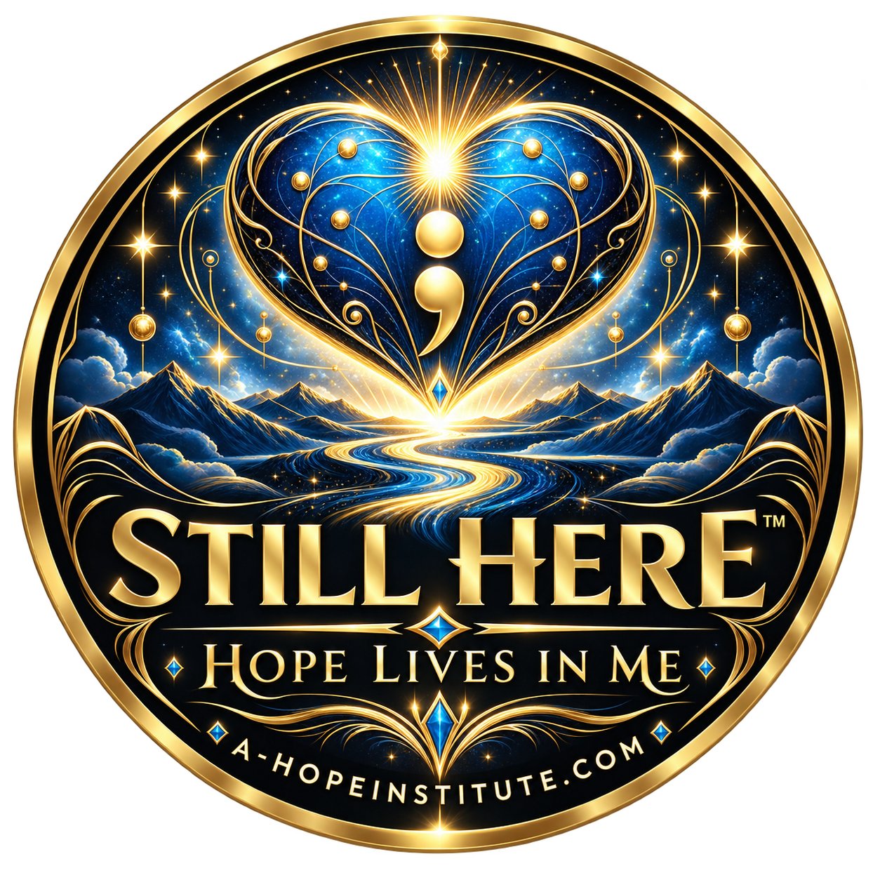 'Still Here™ — Hope Lives in Me' sticker — a semicolon heart over mountains and a winding river