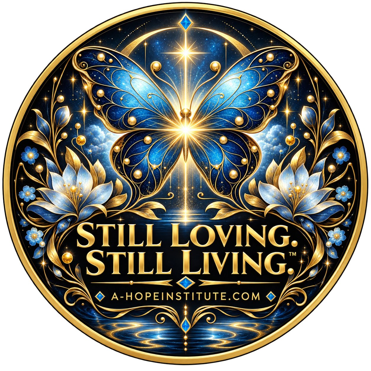 'Still Loving. Still Living.™' sticker — a blue and gold butterfly above lilies