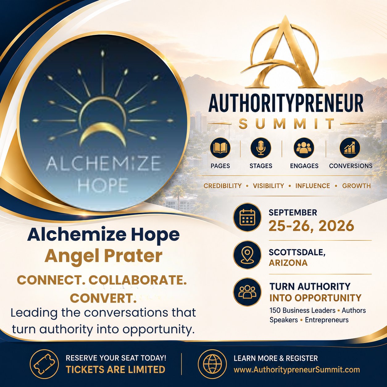 Angel Prater's Authoritypreneur Summit card — Alchemize Hope, “Connect. Collaborate. Convert.”, Scottsdale, Arizona, September 25–26, 2026