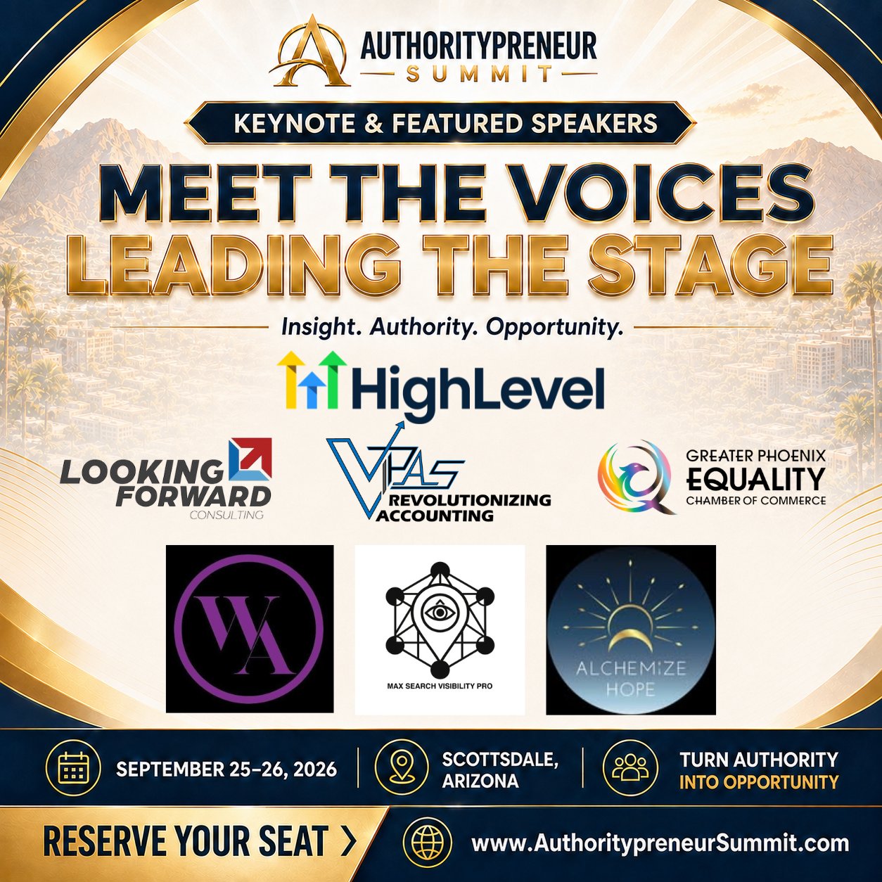 Authoritypreneur Summit sponsor brands graphic, with the Alchemize Hope logo among the sponsor brands