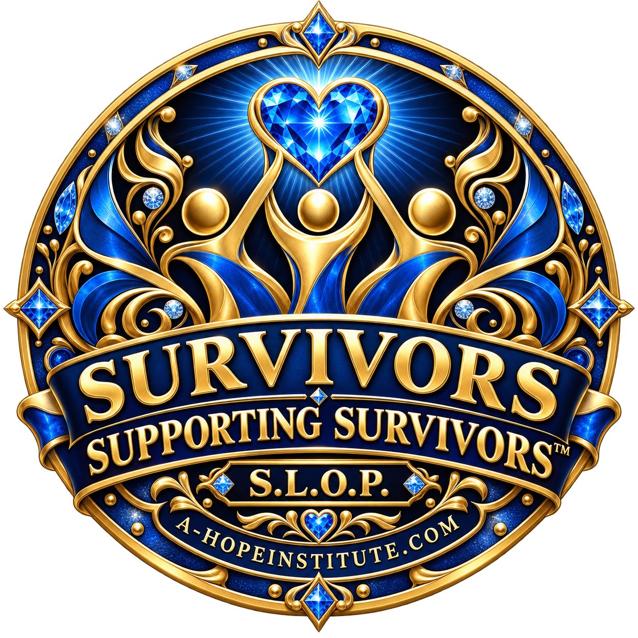 Survivors Supporting Survivors™ — S.L.O.P. badge: three golden figures lifting a radiant blue heart