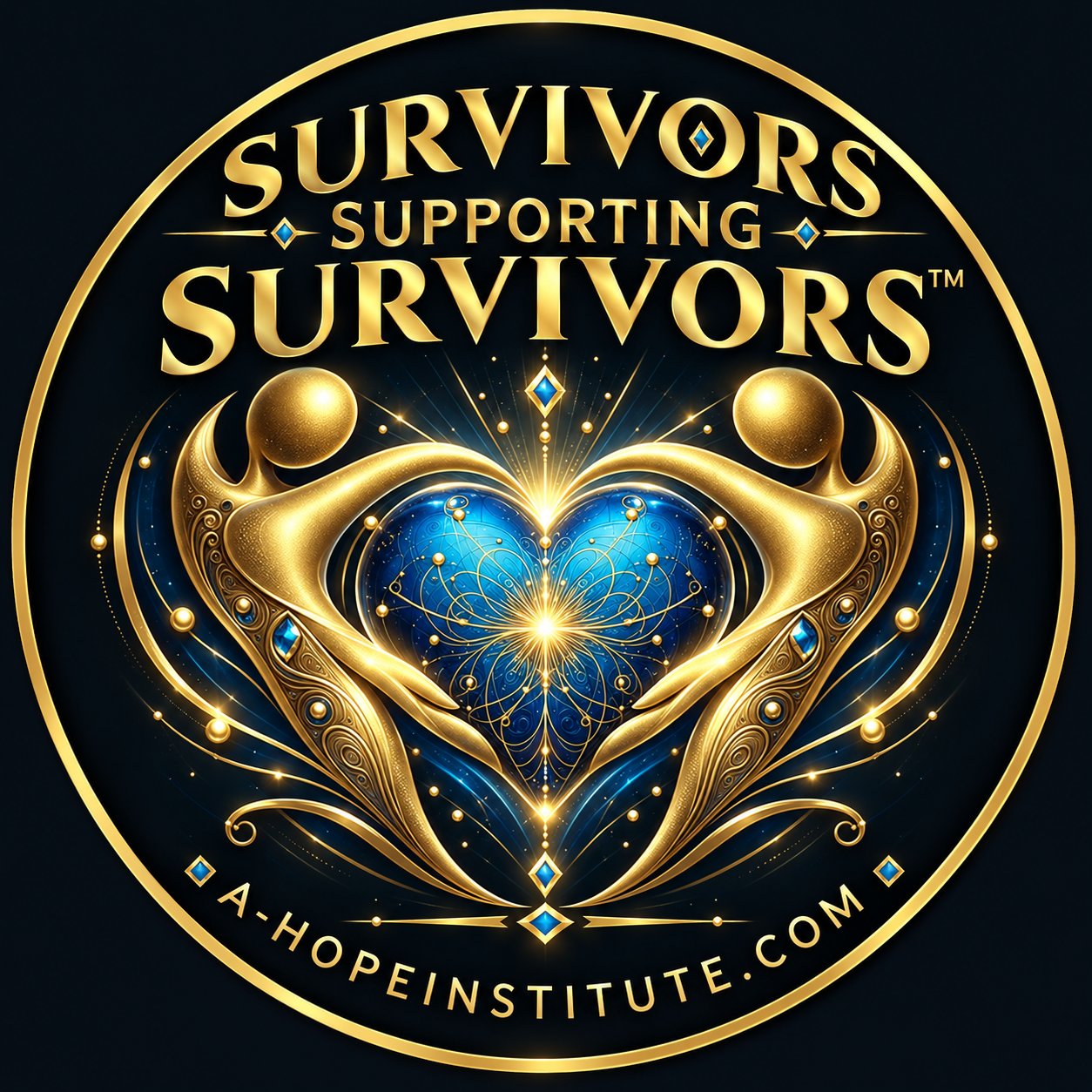 Survivors Supporting Survivors™ medallion — two golden figures holding a radiant blue heart