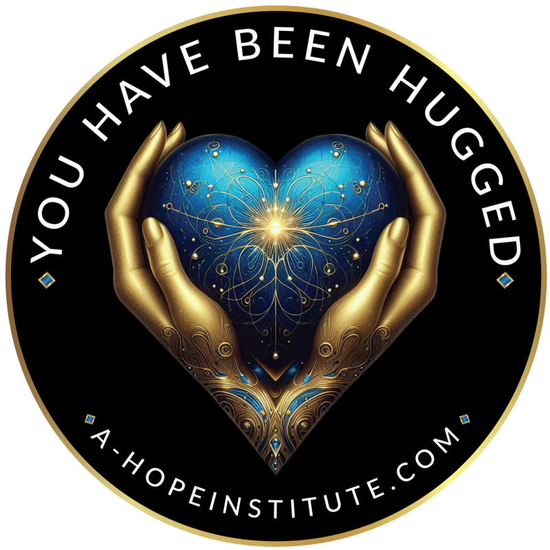'You Have Been Hugged' sticker — gold hands holding a blue heart